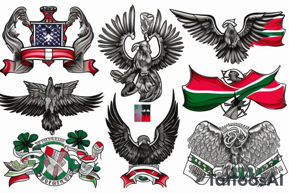 Spread wings with center crest depicting the US Scottish and Irish flags tattoo idea