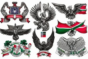 Spread wings with center crest depicting the US Scottish and Irish flags tattoo idea