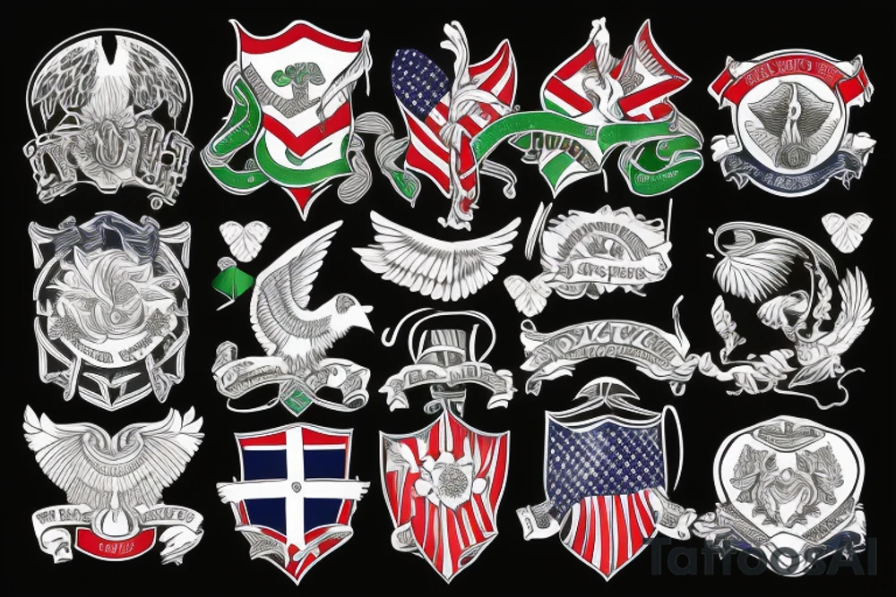 Spread wings with center crest depicting the US Scottish and Irish flags tattoo idea