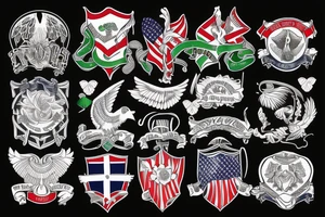 Spread wings with center crest depicting the US Scottish and Irish flags tattoo idea