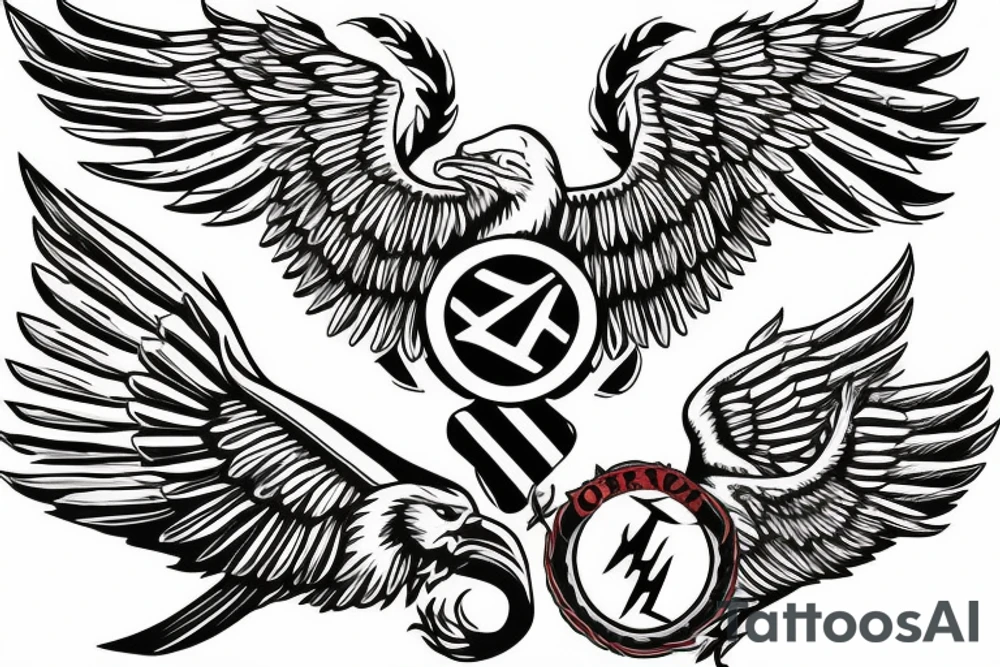 Spread eagle wings with center crest depicting the US Scottish and Irish flags tattoo idea