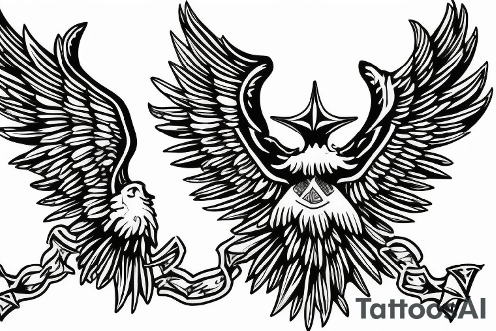 Spread eagle wings with center crest depicting the US Scottish and Irish flags tattoo idea