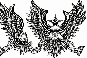 Spread eagle wings with center crest depicting the US Scottish and Irish flags tattoo idea