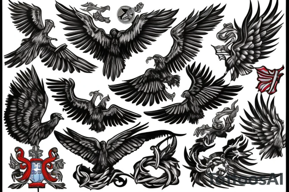 Spread eagle wings with center crest depicting the US Scottish and Irish flags tattoo idea