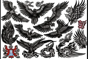 Spread eagle wings with center crest depicting the US Scottish and Irish flags tattoo idea