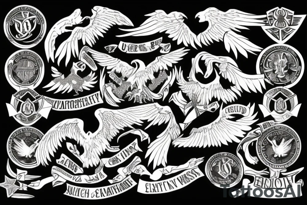 Spread eagle wings with center crest depicting the US Scottish and Irish flags tattoo idea