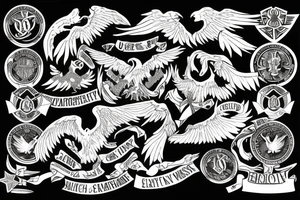 Spread eagle wings with center crest depicting the US Scottish and Irish flags tattoo idea