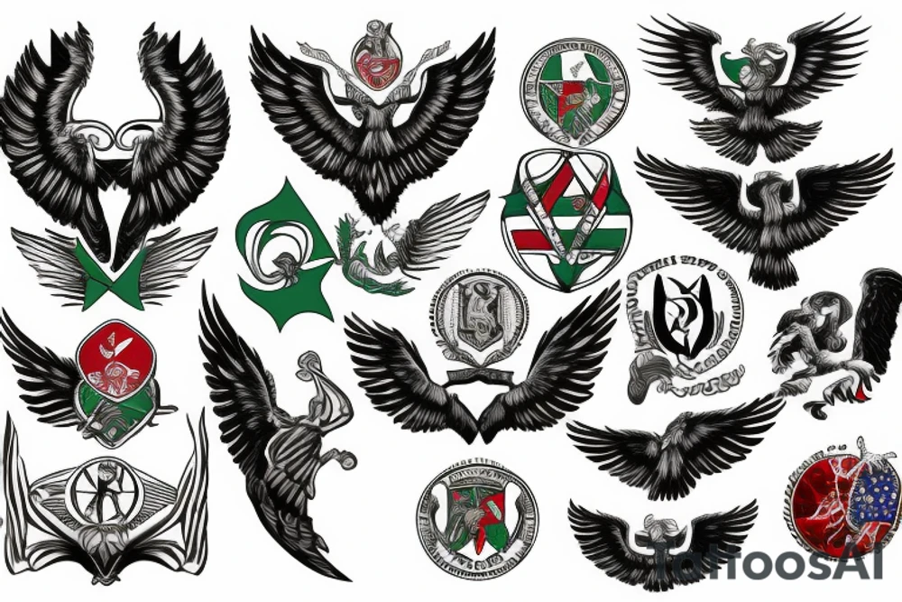 Spread eagle wings with center crest depicting the US Scottish and Irish flags tattoo idea