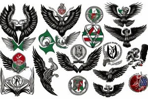 Spread eagle wings with center crest depicting the US Scottish and Irish flags tattoo idea