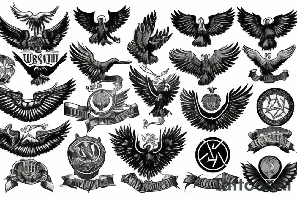Spread eagle wings with center crest depicting the US Scottish and Irish flags tattoo idea