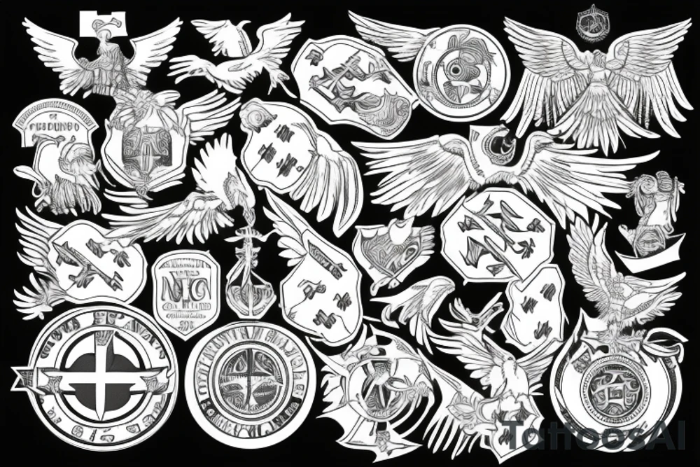 Spread eagle wings with center crest depicting the US Scottish and Irish flags tattoo idea