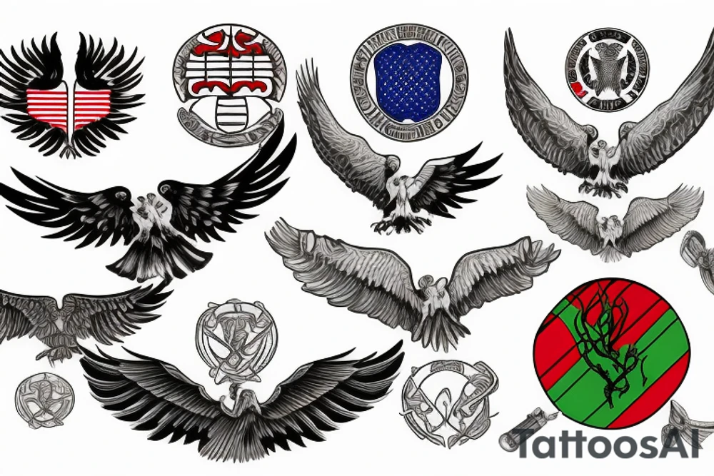 Spread eagle wings with center crest depicting the US Scottish and Irish flags tattoo idea