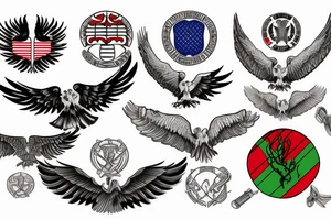 Spread eagle wings with center crest depicting the US Scottish and Irish flags tattoo idea