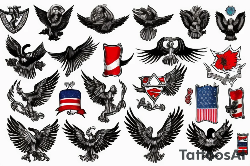 Spread eagle wings with center crest depicting the US Scottish and Irish flags tattoo idea