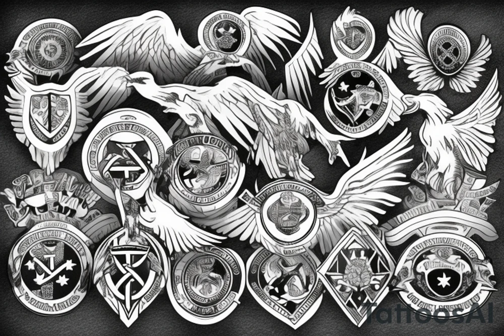 Spread eagle wings with center crest depicting the US Scottish and Irish flags tattoo idea