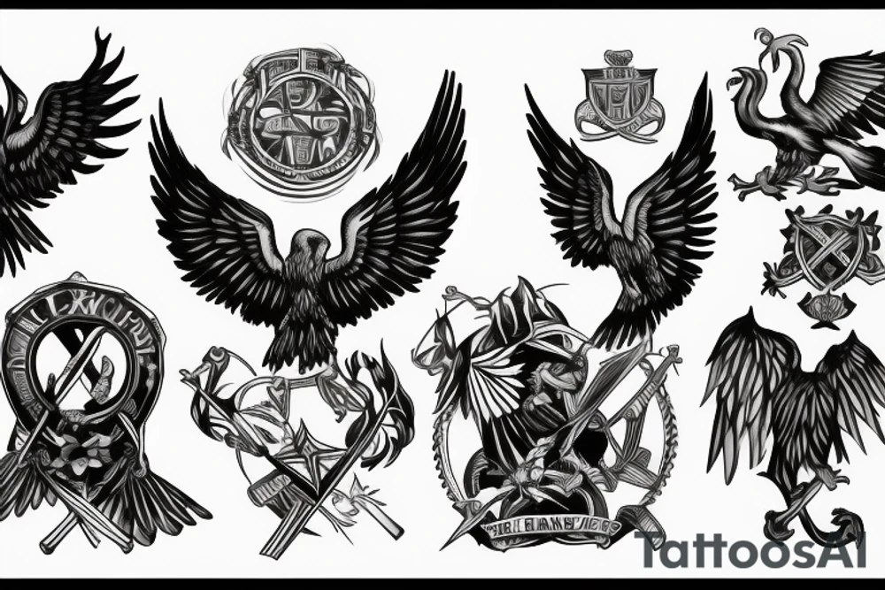 Spread eagle wings with center crest depicting the US Scottish and Irish flags tattoo idea