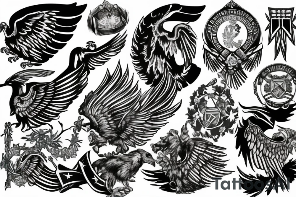 Spread eagle wings with center crest depicting the US Scottish and Irish flags tattoo idea
