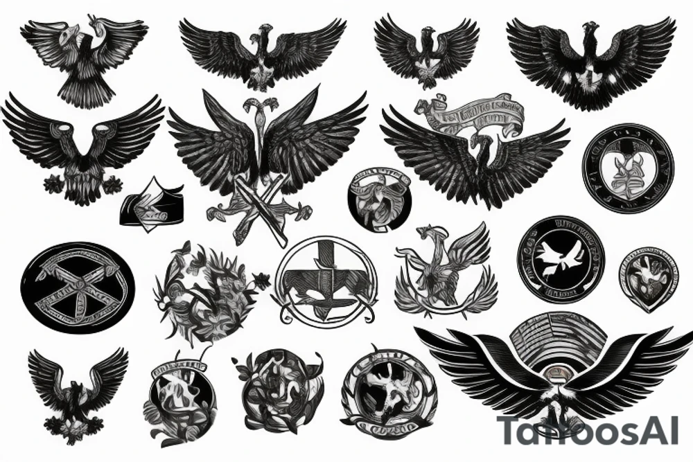 Spread eagle wings with center crest depicting the US Scottish and Irish flags tattoo idea