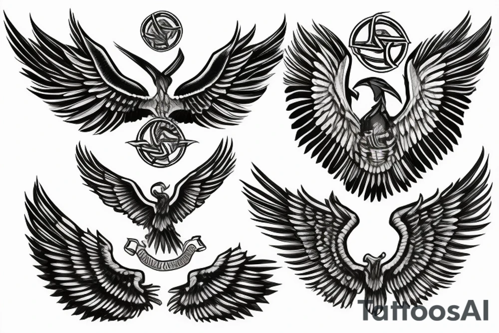 Spread eagle wings with center crest depicting the US Scottish and Irish flags tattoo idea