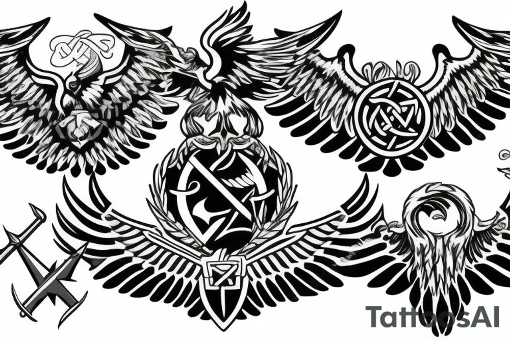 Spread eagle wings with center crest depicting the US Scottish and Irish flags tattoo idea