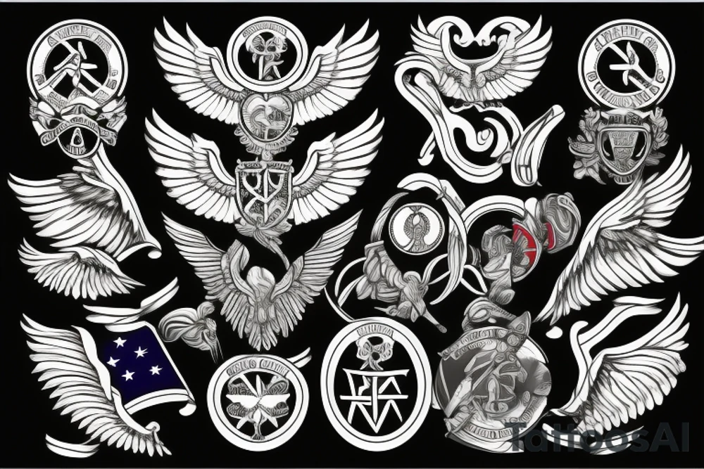 Spread eagle wings with center crest depicting the US Scottish and Irish flags tattoo idea