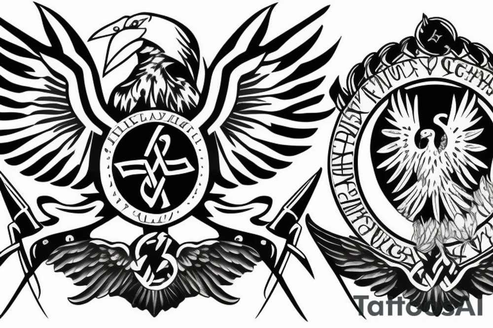 Spread eagle wings with center crest depicting the US Scottish and Irish flags tattoo idea