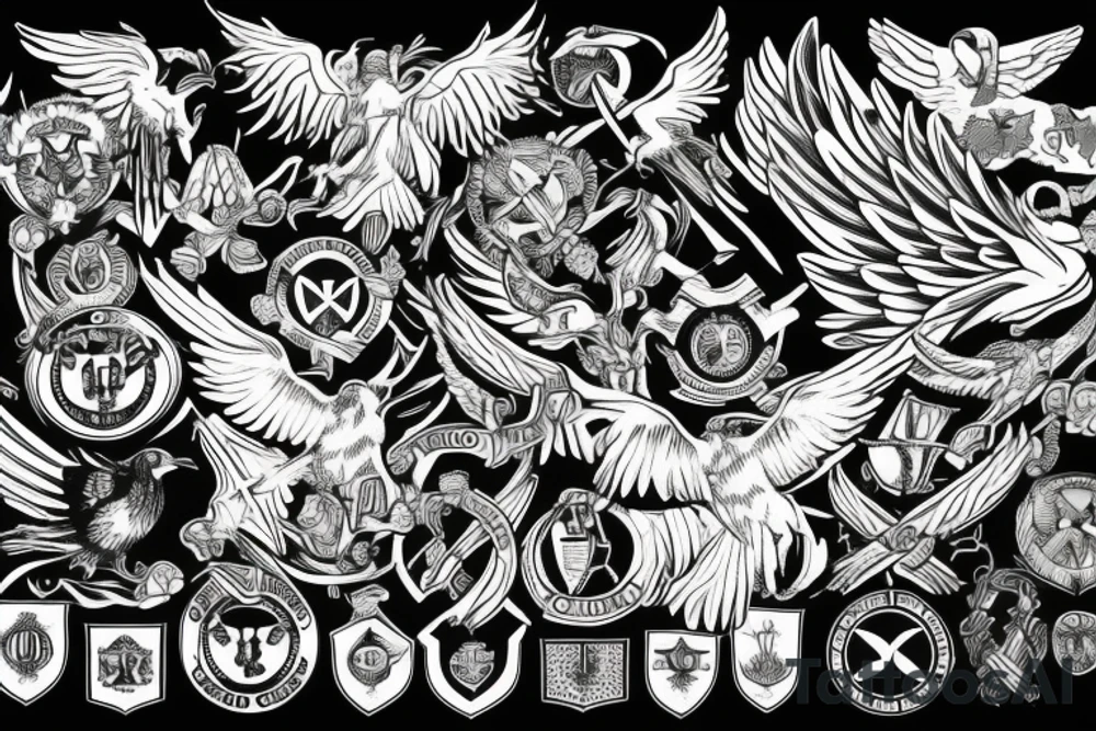 Spread eagle wings with center crest depicting the US Scottish and Irish flags tattoo idea