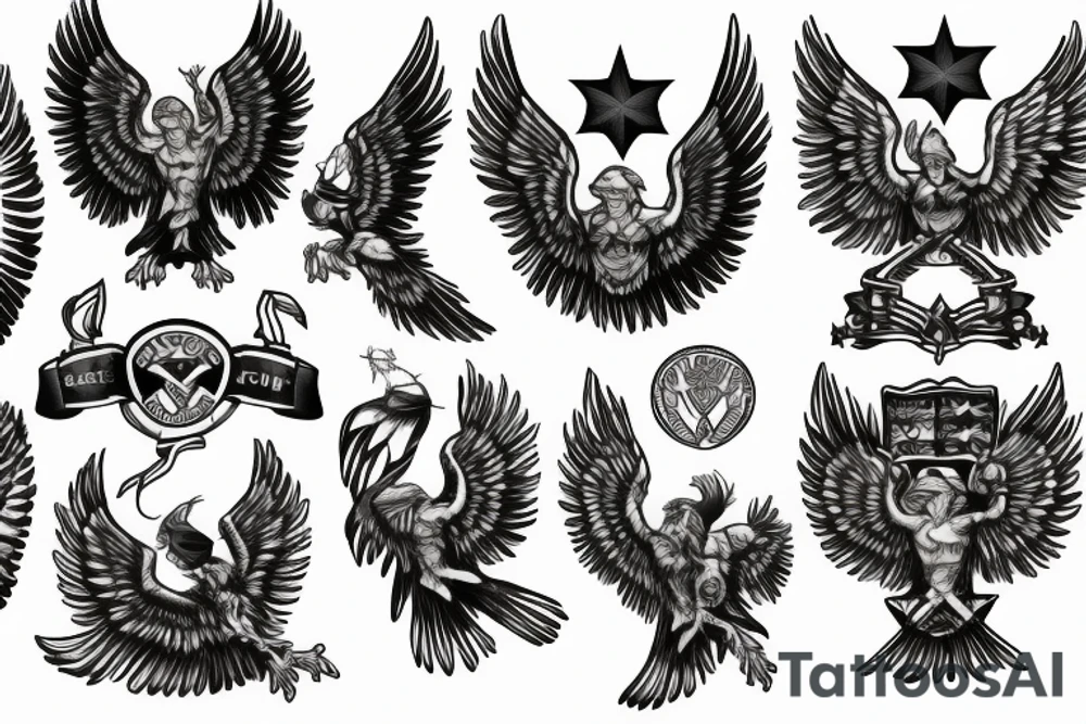 Spread eagle wings with center crest depicting the US Scottish and Irish flags tattoo idea
