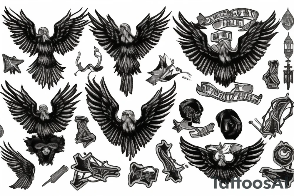 Spread eagle wings with center crest depicting the US Scottish and Irish flags tattoo idea