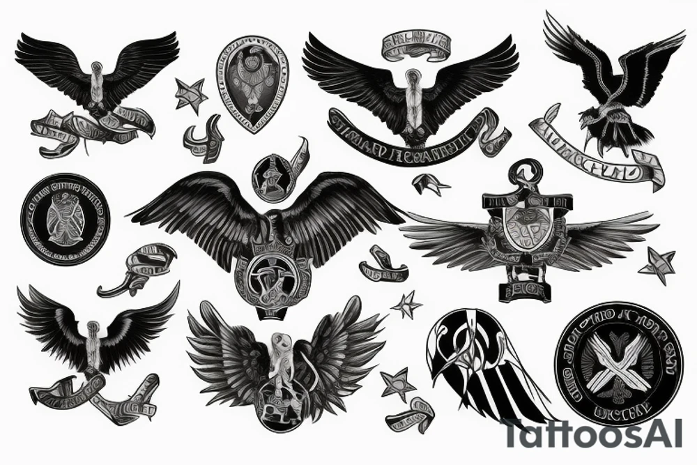 Spread eagle wings with center crest depicting the US Scottish and Irish flags tattoo idea