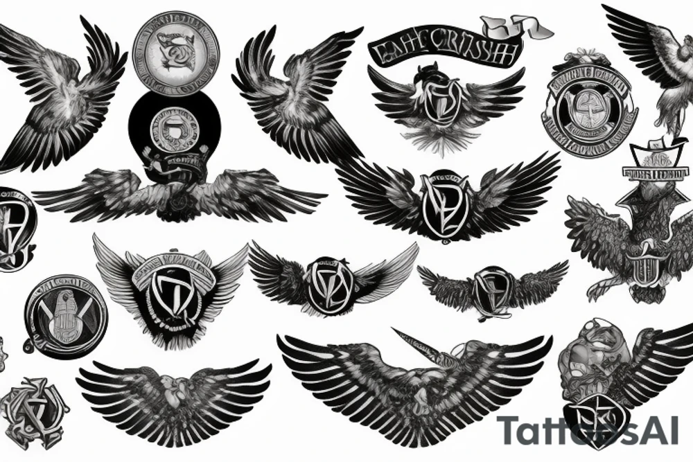 Spread eagle wings with center crest depicting the US Scottish and Irish flags tattoo idea