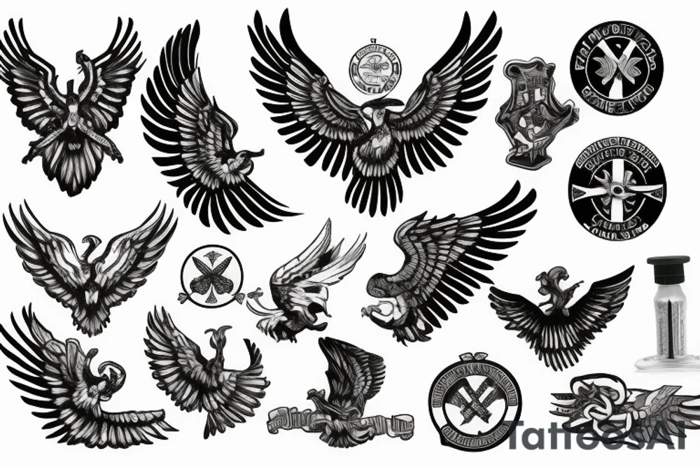 Spread eagle wings with center crest depicting the US Scottish and Irish flags tattoo idea