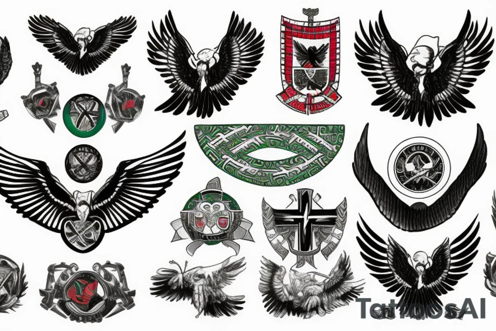 Spread eagle wings with center crest depicting the US Scottish and Irish flags tattoo idea