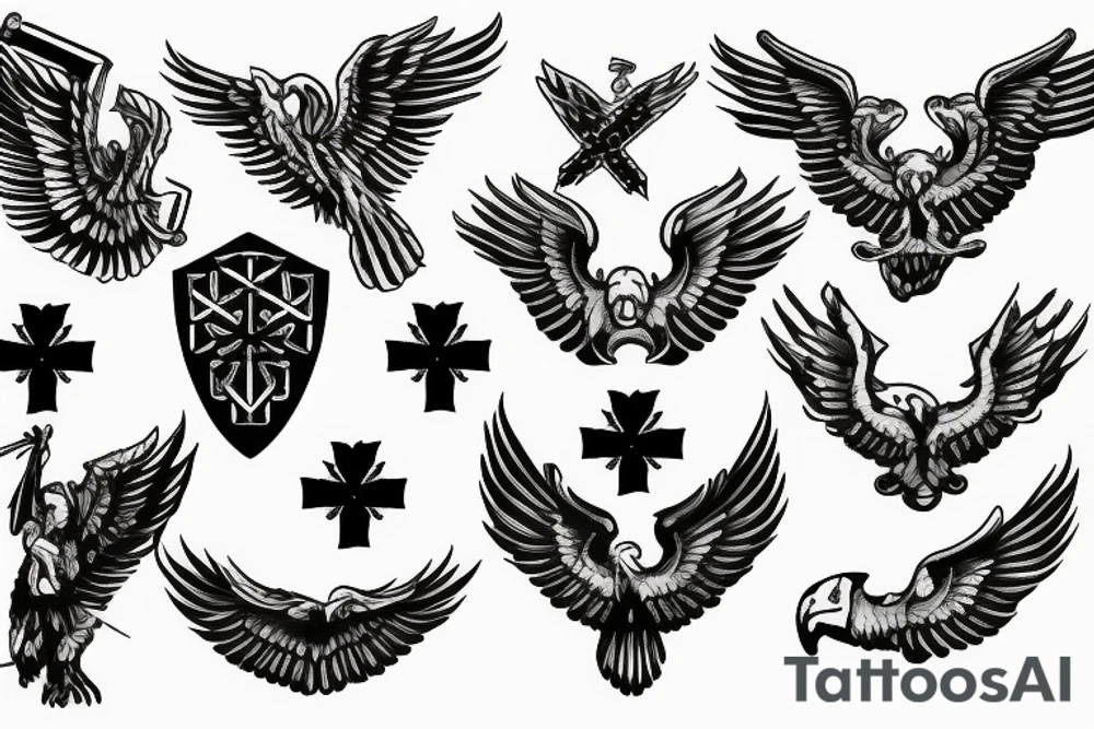 Spread eagle wings with center crest depicting the US Scottish and Irish flags tattoo idea