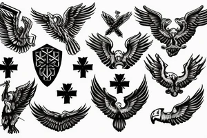 Spread eagle wings with center crest depicting the US Scottish and Irish flags tattoo idea