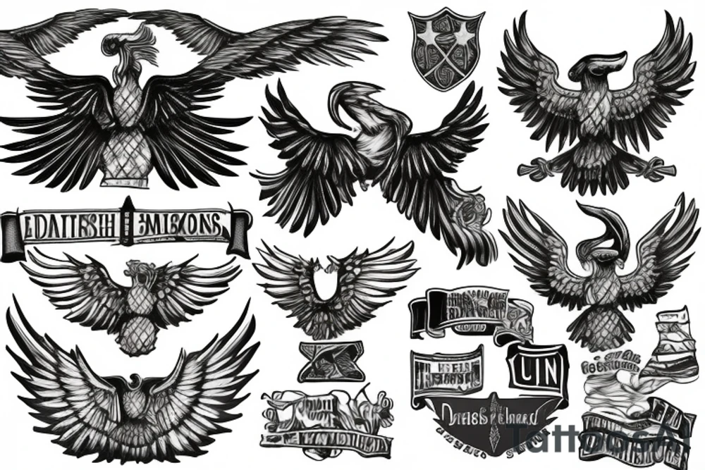 Spread eagle wings with center crest depicting the US Scottish and Irish flags tattoo idea
