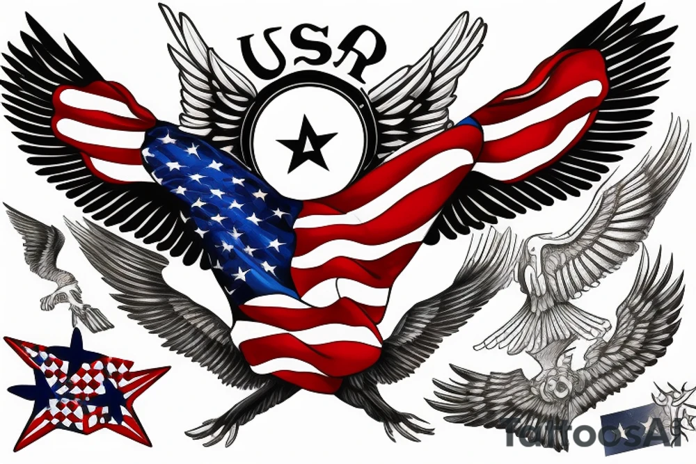 Spread eagle wings with center crest depicting the US flag tattoo idea