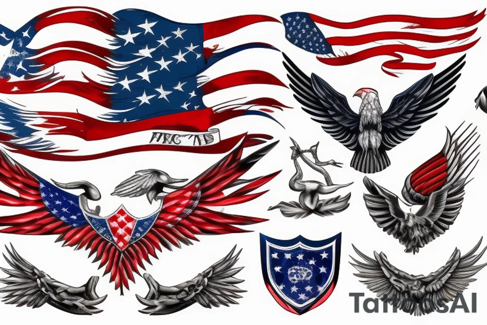 Spread eagle wings with center crest depicting the US flag tattoo idea