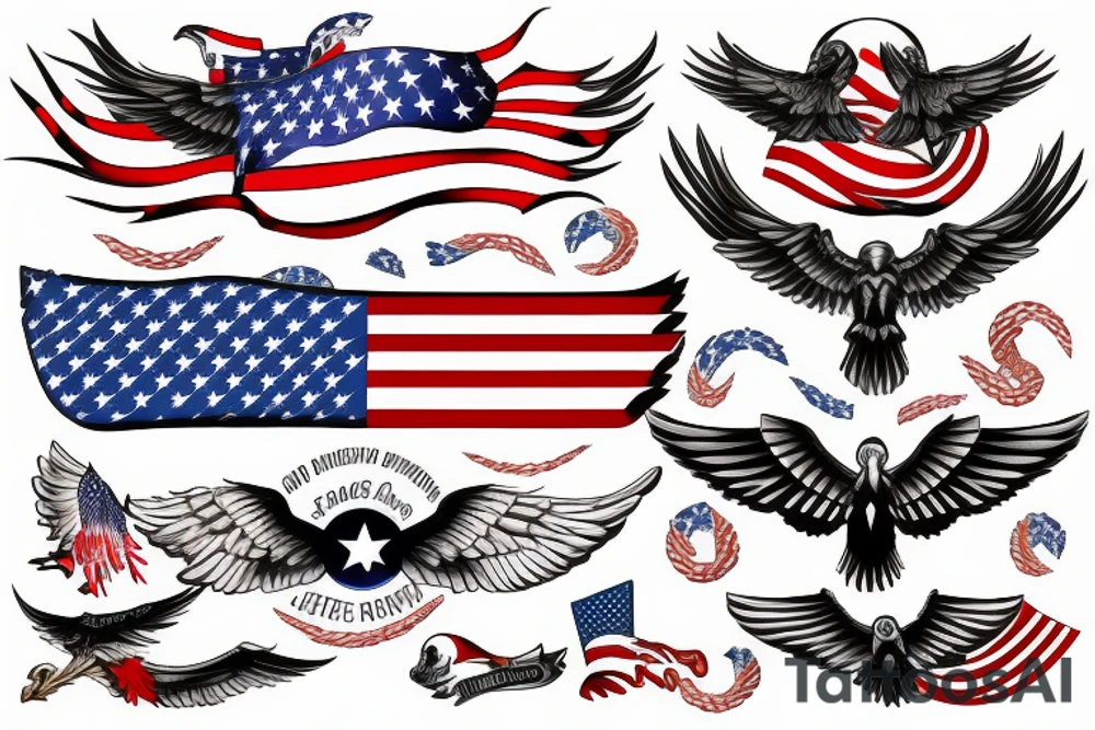 Spread eagle wings with center crest depicting the US flag tattoo idea