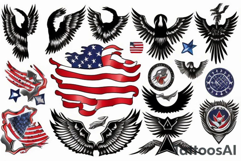 Spread eagle wings with center crest depicting the US flag tattoo idea