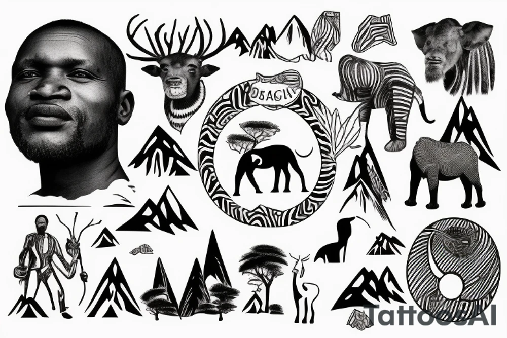 African man with mountains and animals in the background tattoo idea