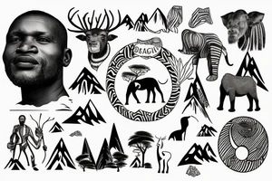 African man with mountains and animals in the background tattoo idea