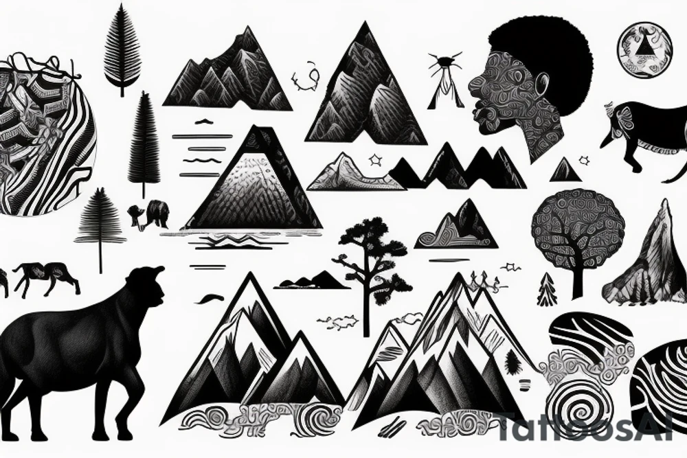 African man with mountains and animals in the background tattoo idea