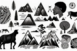 African man with mountains and animals in the background tattoo idea