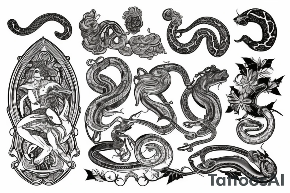 Un tatouage avec un serpent, la tete d’apollon une dague et d’autres choses qui vont bien pour tout rassembler tattoo idea