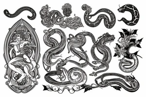 Un tatouage avec un serpent, la tete d’apollon une dague et d’autres choses qui vont bien pour tout rassembler tattoo idea