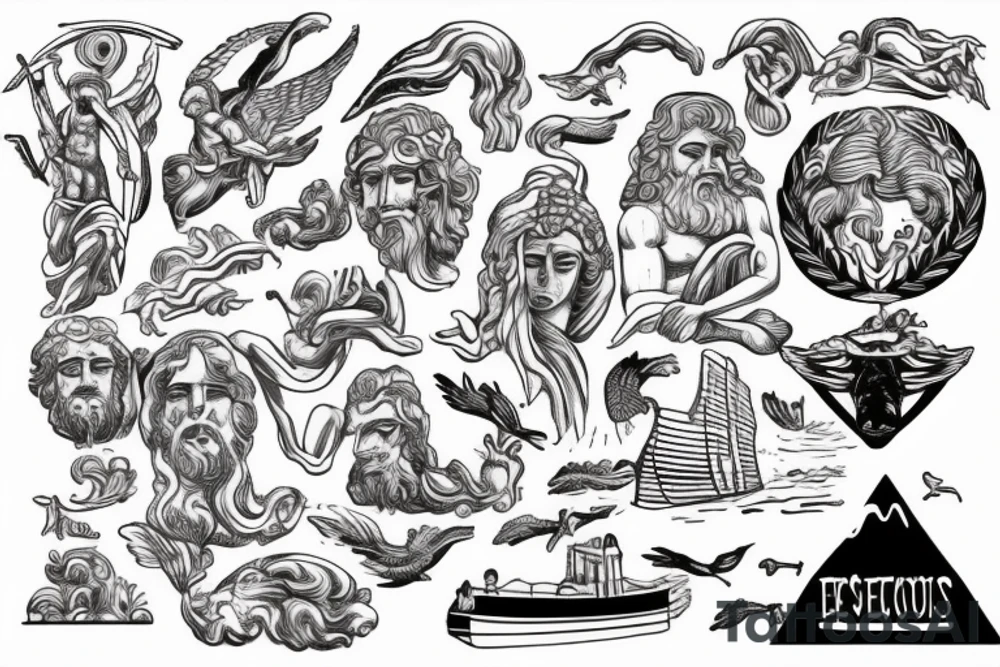 Je veut les dieux grecs  poseidon, zeus, un bateau des vague et des éclairs, et un temple grecs tattoo idea
