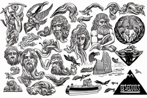 Je veut les dieux grecs  poseidon, zeus, un bateau des vague et des éclairs, et un temple grecs tattoo idea