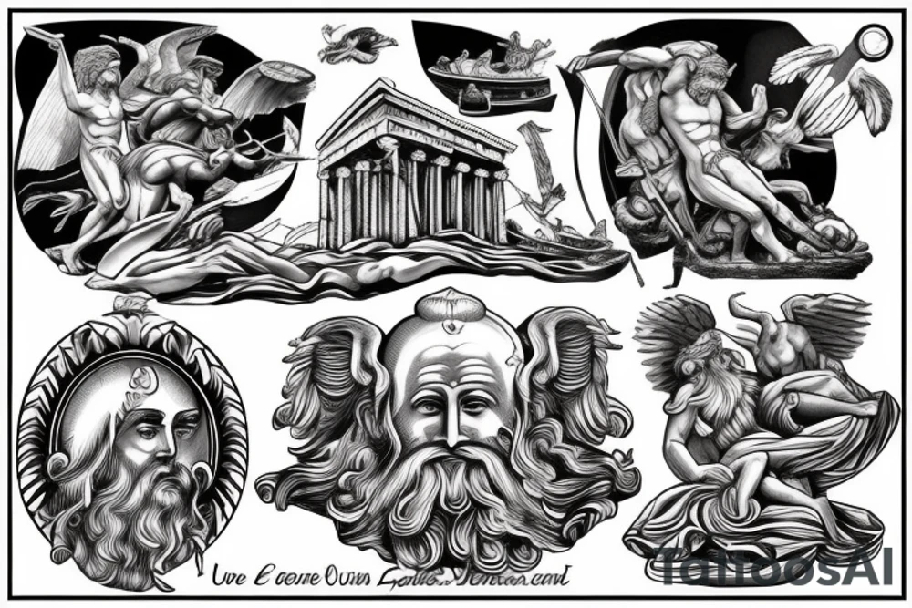Je veut les dieux grecs  poseidon, zeus, un bateau des vague et des éclairs, et un temple grecs tattoo idea