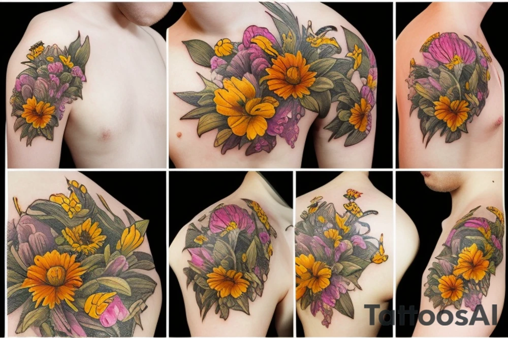 bees and nd flowers tattoo idea